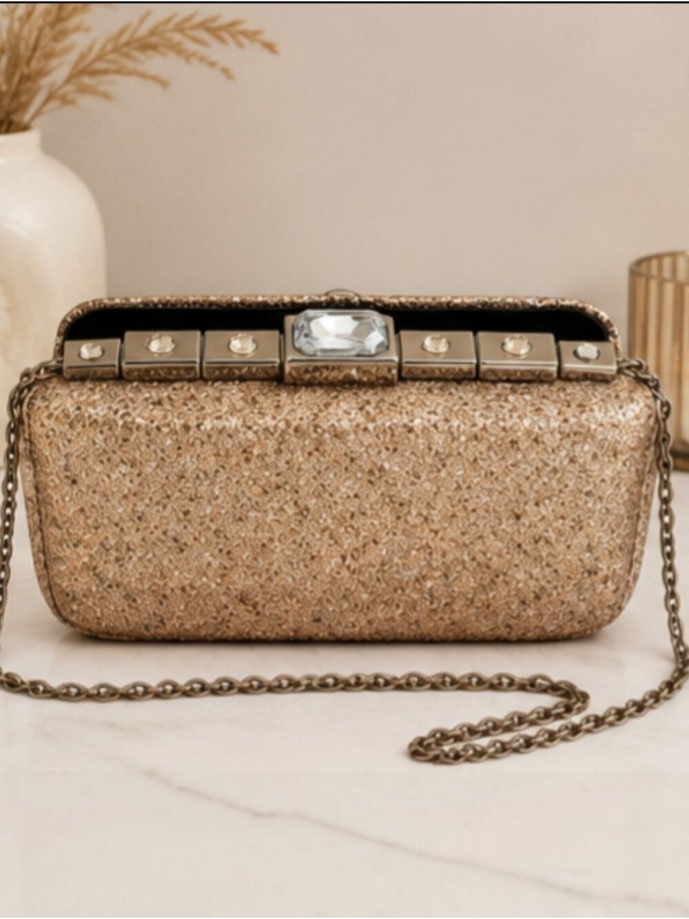 Kate Landry Sparkling Gold Hard Case Clutch Evening Bag